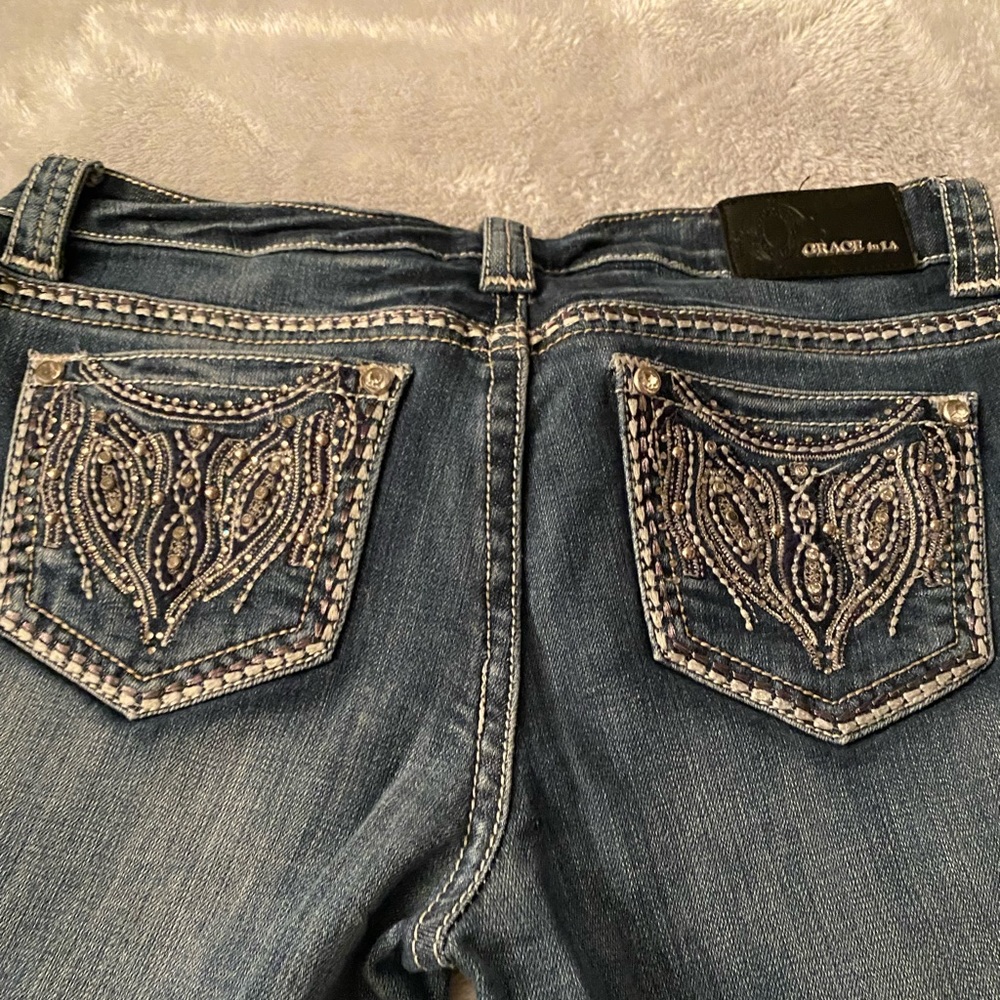Grace in LA Blue Straight Leg Jeans with Embellished Pockets